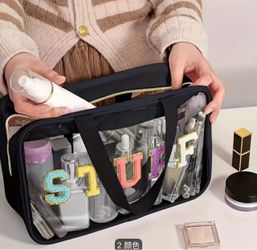 3 pks Large-capacity transparent PVC makeup bag with "STUFF" logo, dual handles, and zipper closure—portable travel or everyday makeup storage pouch,