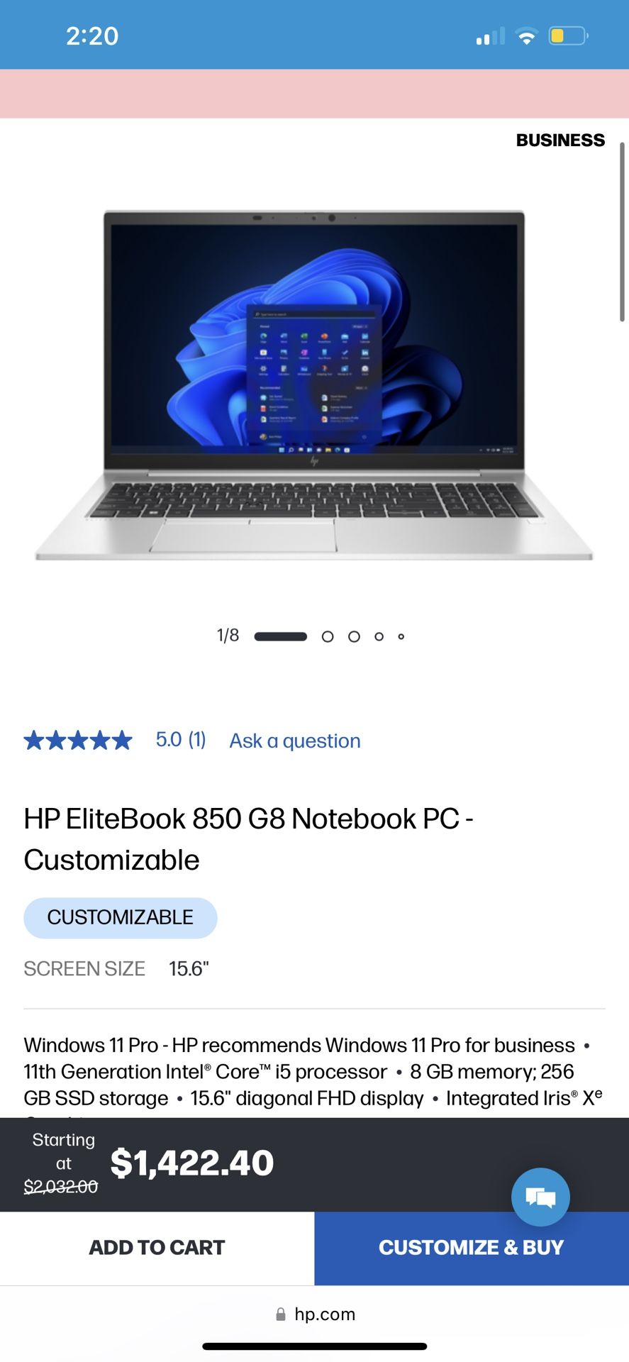 HP ELITEBOOK 850 G7 8GB NOTEBOOK