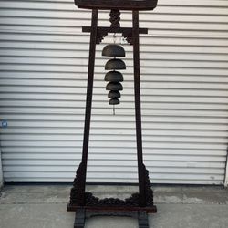 Antique Asian 6 Bronze Hanging Temple Bells Mounted on Carved Wooden Stand