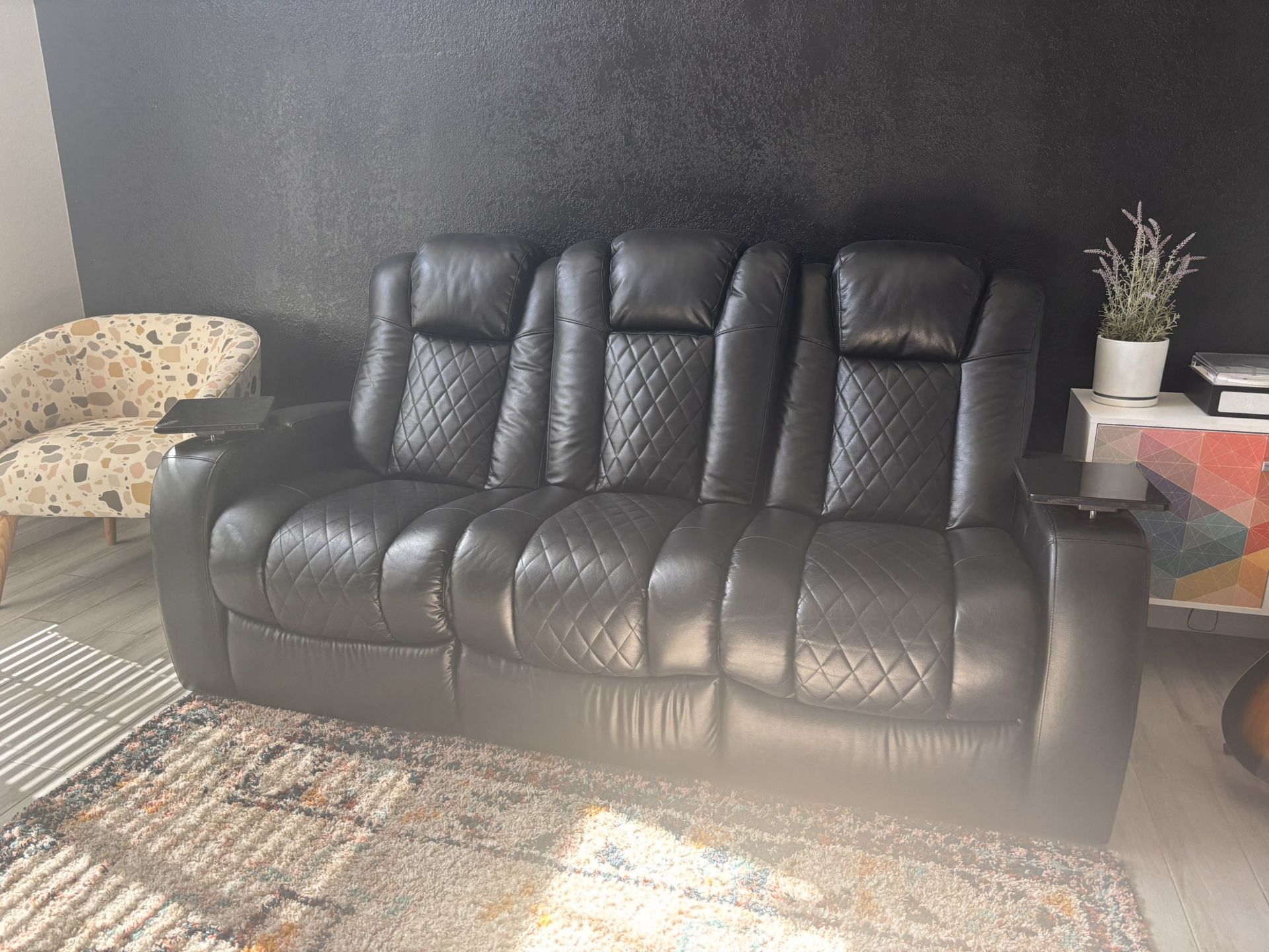 Luxury Black Leather Power Reclining Sofa Couch