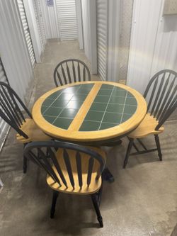Kitchen Table With Leaf And 4 Chairs  TABLE  42” long  42” deep  30” tall  CHAIRS 17 1/2” wide  18” deep  17 3/4” floor to seat  38” tall in back  LEA