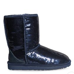 UGG Women ’s Blue Sequin , UGG CLASSIC SHORT SPARKLES MIDNIGHT BOOTS - WOMEN'S