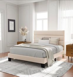 Queen Size Upholstered Bed Frame with Wing Side, Platform Bed Frame with Channel Headboard, Mattress Foundation with Wood Slat Support, No Box Spring