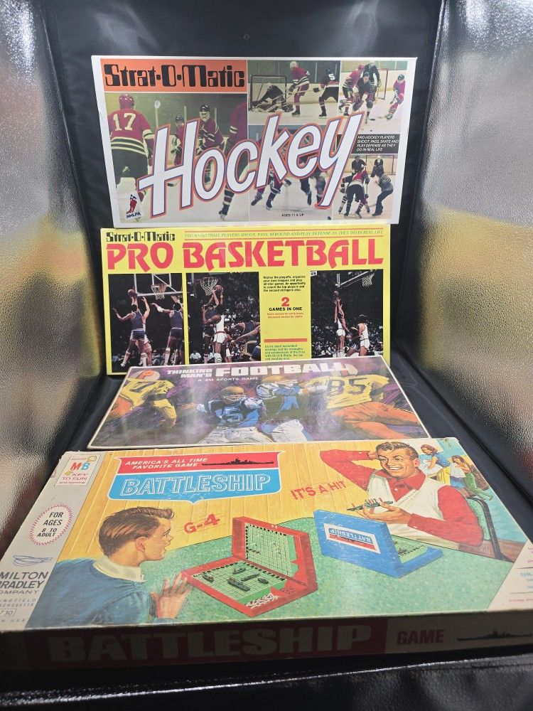 Vintage Board Game Lot – Strat-O-Matic Basketball, Hockey, Thinking Man’s Football + Battleship (Complete Sets)