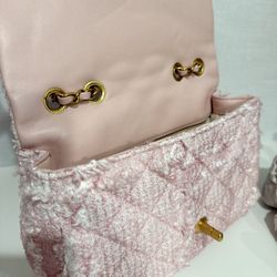 CC Pink And White Tweed Ripped Gold Chain Crossbody/ Shoulder Purse