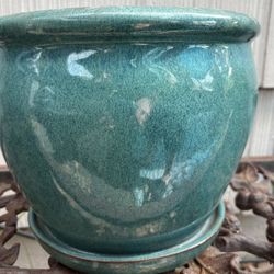 🪴Teal Ceramic Garden Pot w/ Attached Tray🪴