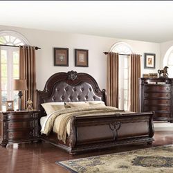 4pc King Bedroom Furniture Set - King Size Bed + Dresser + Mirror + 1 Nightstand