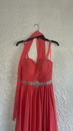 Coral Chiffon Formal Gown with Rhinestone Waist