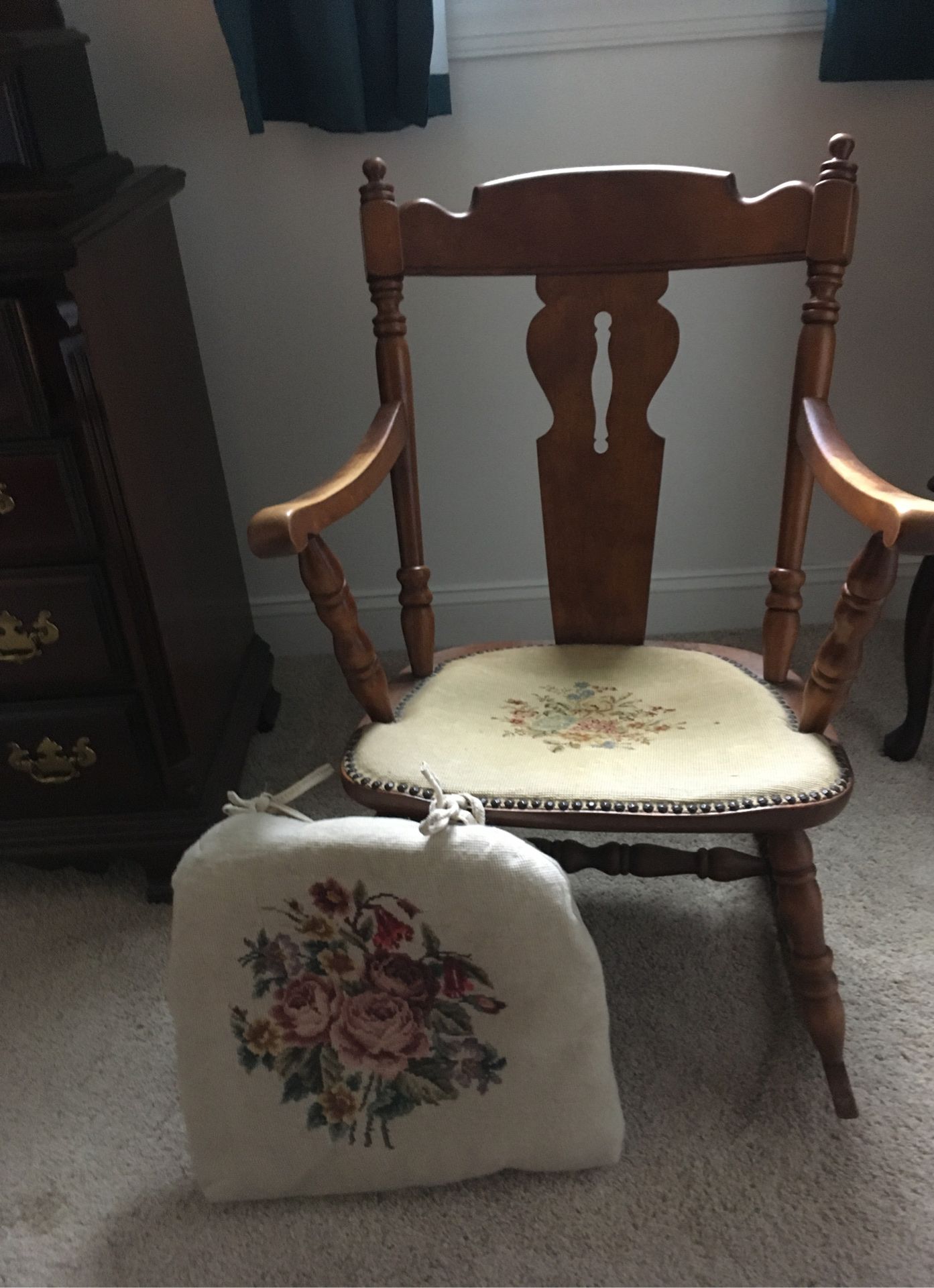 Antique rocking chair with 2 hand embroidered seat covers
