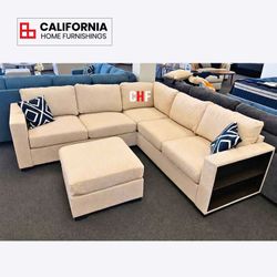 Modern Beige, Gray L-Shape Sectional Sofa with Storage Armrests & Ottoman