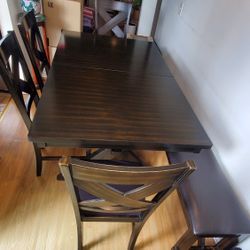 Dining Table 7 pc Dark Brown, includs built in extension, 5 chairs and one bench