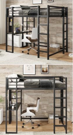 Twin Size Metal Loft Bed with Built-in Desk, 2-Shelves, and 2-Ladders