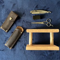 Custom Hand Made Straight Razor And Beard Scissor Display Stand And Leather Slips
