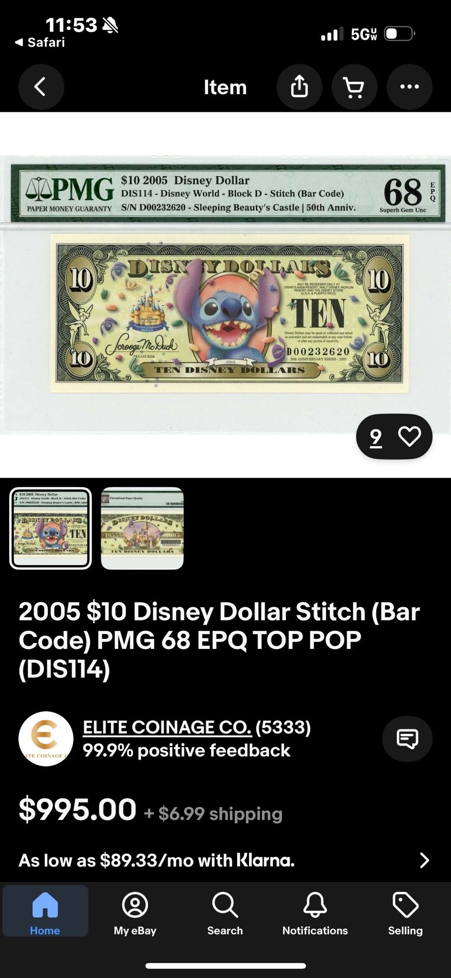 Disney Dollar 10$ STITCH NOTE