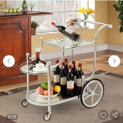 Kitchen Glass Shelves Metal Frame Serving Rolling Cart