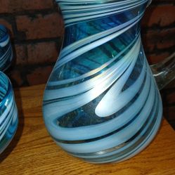 Hand Blown Mexican Glass Pitcher with 4 Maragarita Glasses