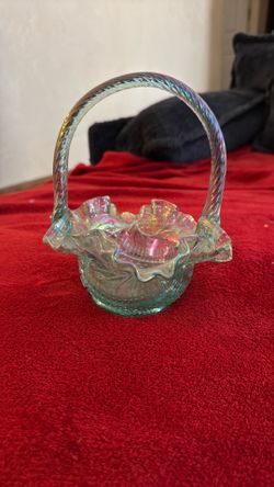 RARE- Fenton art glass Opal scent Willow green ruffled basket with handles