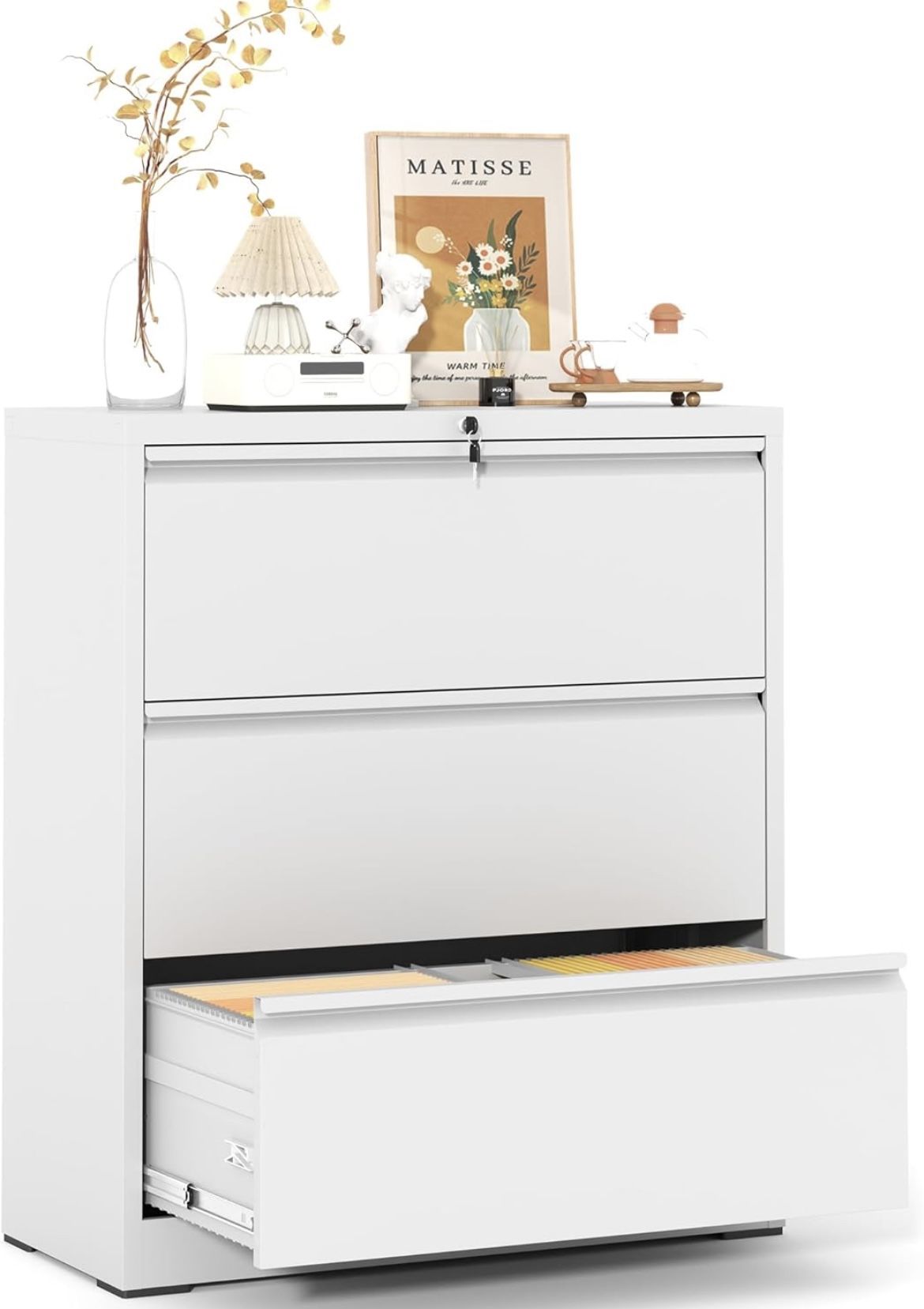 Metal Lateral File Cabinets with Lock,3 Drawer Filing Cabinets for Home Office, Steel Wide Filing Organization Storage Cabinets for Hanging Files Lett