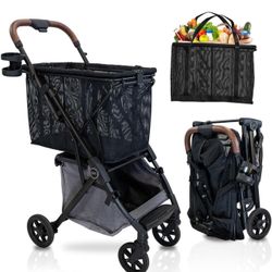 Strolee Personal Luxury Folding Shopping Cart On Premium Wheels – Ultra Lightweight Aluminum Frame – Removable Shopping Bag with Carry Strap & Lower G