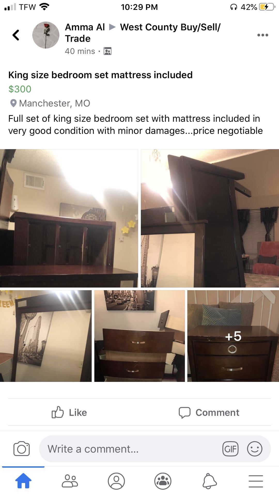 King size bedroom set without mattress