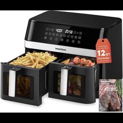 12QT Large Dual Air Fryer, 10-in-1 Double Zone Airfryer with 2×6QT Baskets
