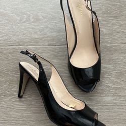Cole Haan Womens Shoes Margot Heels Black Patent Leather Open Toe Slingback
