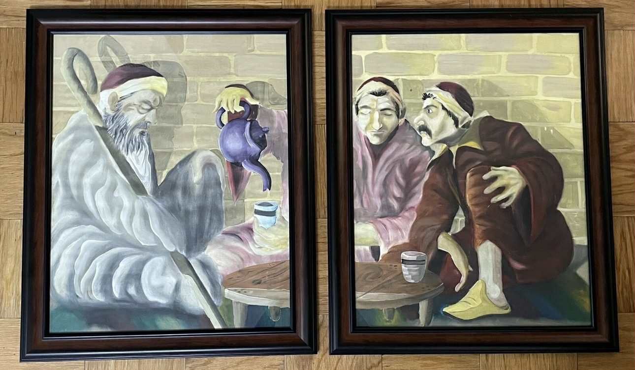 Oil Painting « Three Arab Men Drinking Tea »- Set Of 2 Framed 26x32each