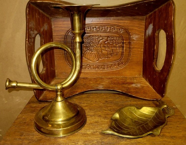 Brass Trumpet And Brass Leaf Dish Sold Seperate
