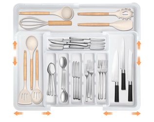 Large Silverware Drawer Organizer Expandable Kitchen Utensil Tray BPA-Free Cutlery Flatware Holder for Forks Spoons Knives Utensils Adjustable 6-9 Slo