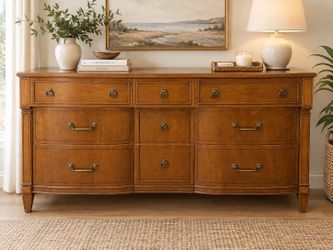 Vintage Wood Dresser with Curved Drawer Fronts & Brass Hardware – 9 Drawers