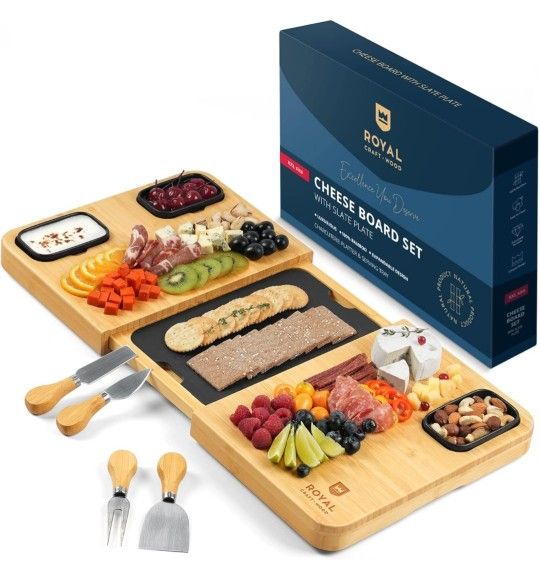 Brand New Extra Large Bamboo Charcuterie Board + 3 Sauce Bowls, 4 Knives & Slate Plate