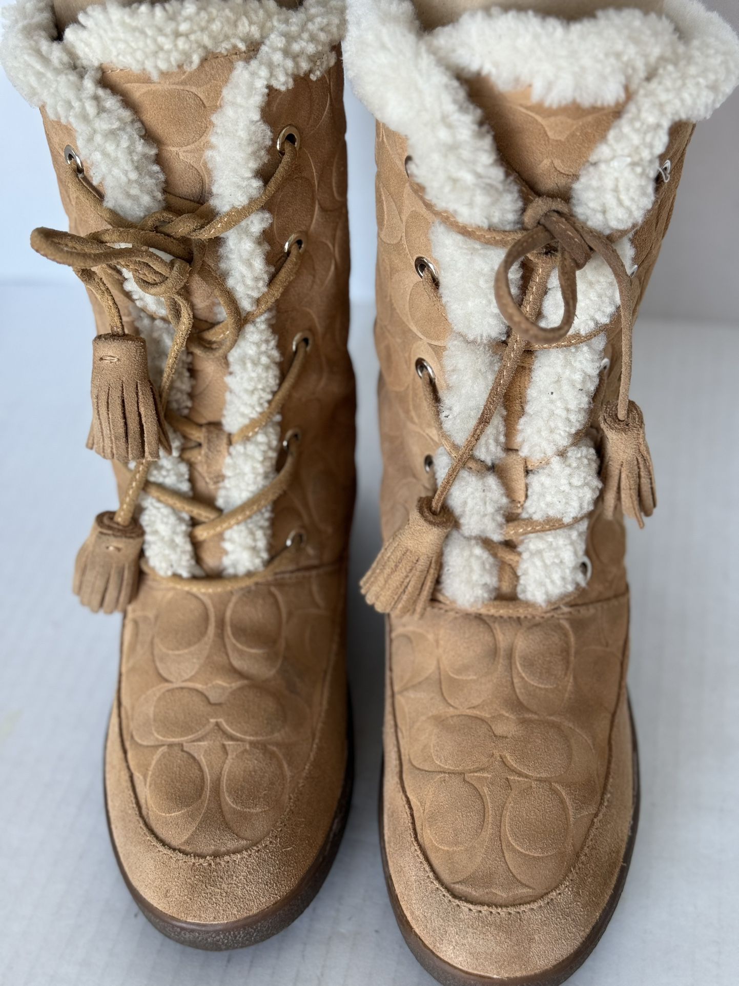 Coach Tuesday Camel Natural Suede Logo Tie Tassel Boots A7408 Sz 8