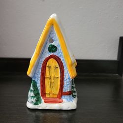 Vintage JSNY Holiday Village Hand Painted Blue House Ceramic Candle Holder