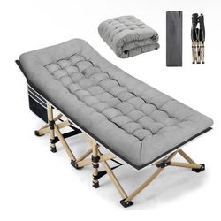 Portable Camping Cot, 600LBS Max Load, Extra Wide with Thick Mattress, Folding Cot for Outdoor Camping/Office, Home Nap (Grey)