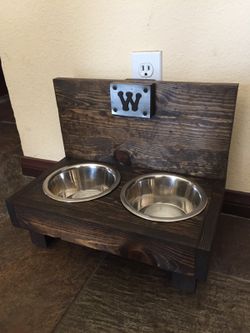 Custom rustic dog bowls and wooden walls!
