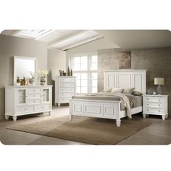 5 Piece Bed Set Includes Dresser Queen Bed Frame Nightstand Mirror & Chest In A Cream Color Foundation Required Brand New In Box Firm Price $1,680
