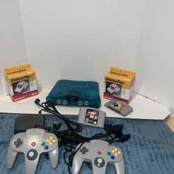 Nintendo 64 N64 Ice Blue With Two Controllers, 2 Games And 2 Shock paks