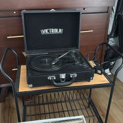 Vinyl Record Player + Table + Box Of Random Records