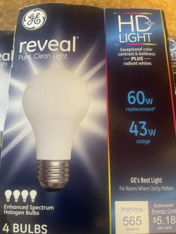 GE Reveal 4 Pack  Light Bulbs 60w Uses 43w