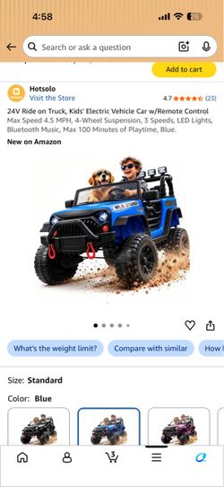 24V Ride on Truck, Kids' Electric Vehicle Car w/Remote Control Max Speed 4.5 MPH, 4-Wheel Suspension, 3 Speeds, LED Lights, Bluetooth Music, Max 100 M