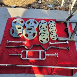 1" HOLE  160LBs.  4-25s. 4-10s. 4-5s 
6'  STRAIGHT BAR. EZ-CURL BAR. TRICEP BAR. 2-DUMBBELL HANDLES. PLATE TREE 
11525 S HALSTED DUNKIN DONUTS/
7111.S