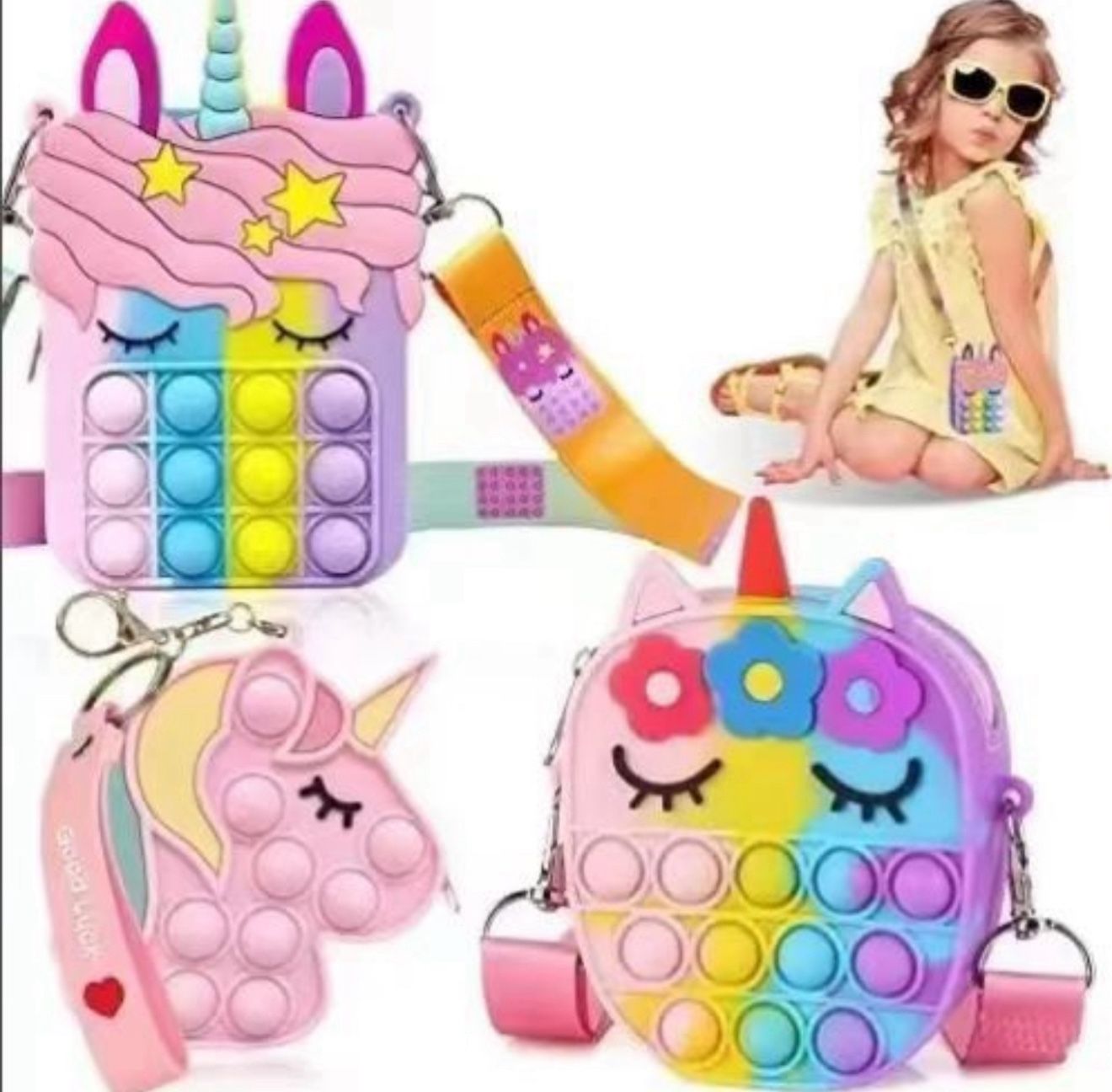 3PCS Pop It Purse Set for Girls β 2 Large Unicorn Pop Bags + 1 Mini Handbag with Keychain