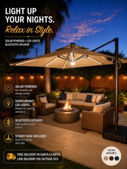 11’ Patio Cantilever Umbrella - SOLAR LED & BLUETOOTH SPEAKER