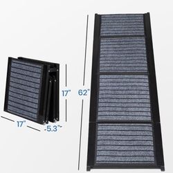 Folding, portable ramp for large or small dogs, suitable for cars and homes. Size 63”L x 17.5”W, supports up to 200 lbs.