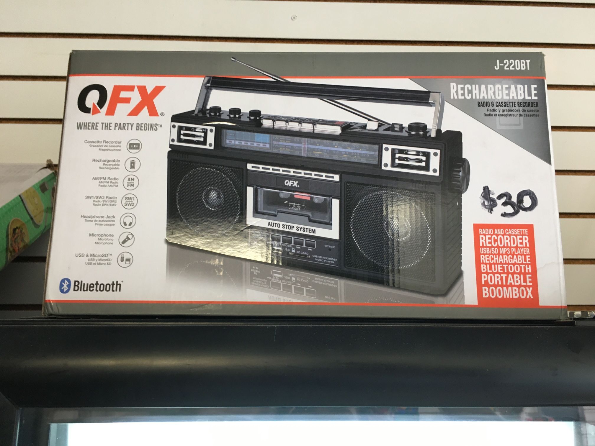 QFX rechargeable portable boombox cassette player