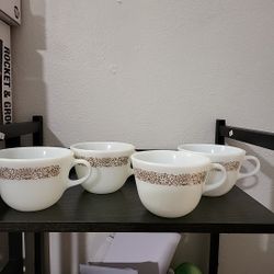 4 Vintage Pyrex Woodland Brown Floral White Milk Glass 8oz. Coffee Tea Cups