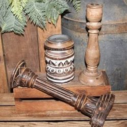 Ornate Vintage French Country BOHO Farmhouse Wood Candle Holders