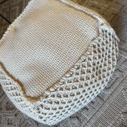 New Anthropologie home Beige Crochet Pouf Ottoman Boho Decor 