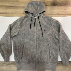 Polo Ralph Lauren Men’s Deep Pile Sherpa Fleece Hooded Zip Jacket Gray • L