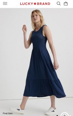 New Lucky Brand Women's Navy Blue Scoop Neck Smocked Tiered Maxi